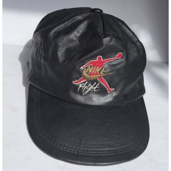 Rare Nike Flight Air Jordan Vintage Leather Cap Hat Adjustable Black Red Gold - Picture 1 of 8